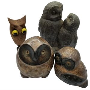 Vintage Owl Collection Otagiri Stoneware Bronze Pair Cryptomeria Wood Figurine